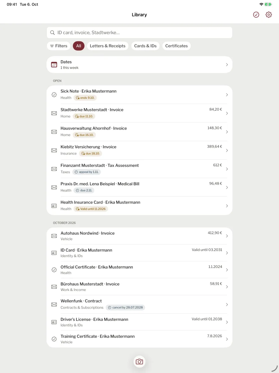 The Paperwork library on iPad with bills, cards and certificates. Example data.