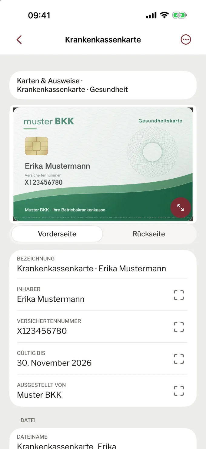 Paperwork zeigt die Krankenkassenkarte von Erika Mustermann mit Vorderseite, Inhaberin, Versichertennummer und Gültigkeit. Beispieldaten.