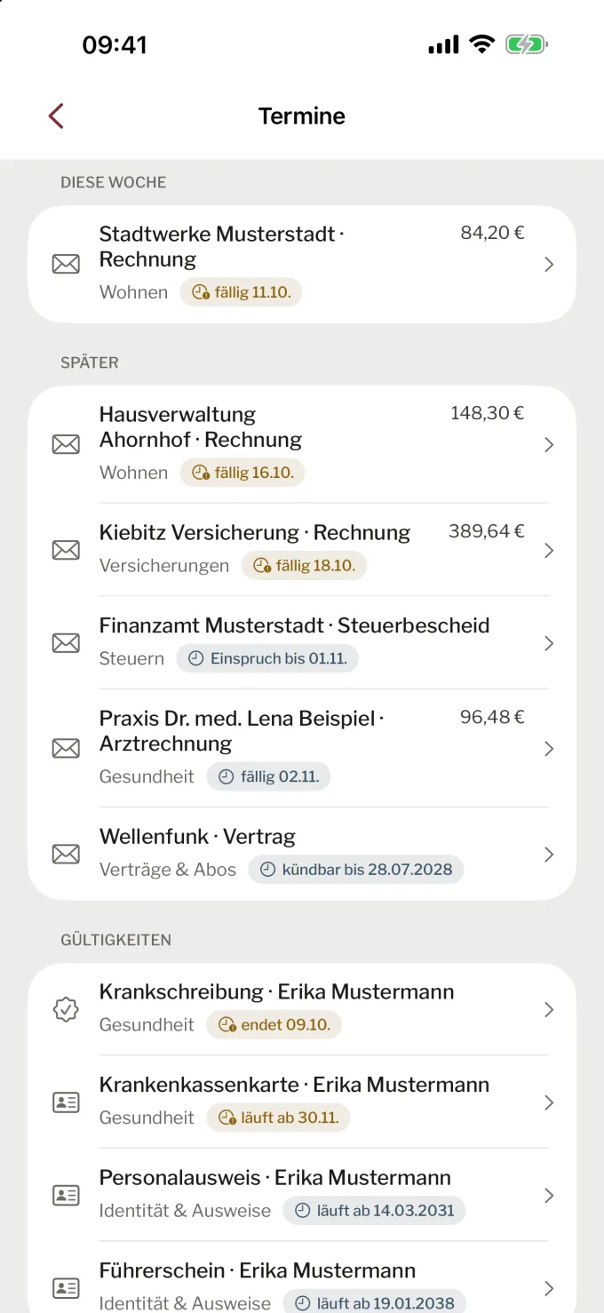 Die Termine in Paperwork: diese Woche die Abschlagsrechnung der Stadtwerke Musterstadt, später weitere Rechnungen und ein Steuerbescheid mit Einspruchsfrist. Beispieldaten.