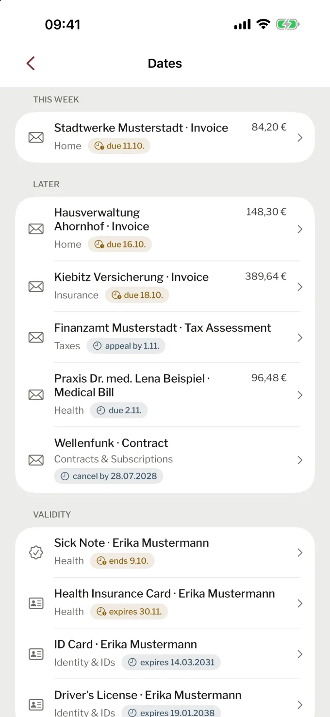 Dates in Paperwork: this week the electricity bill from Stadtwerke Musterstadt, later more bills and a tax assessment with an appeal deadline. Example data.